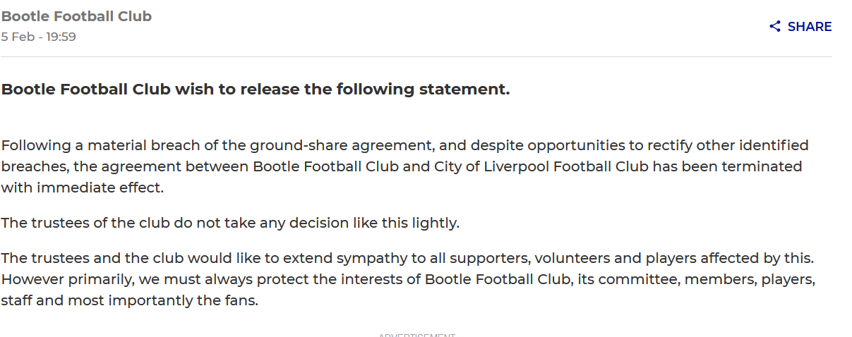 Bootle FC statement